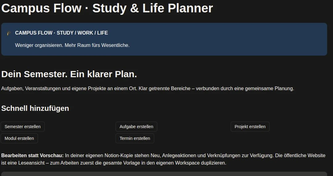Campus Flow 1.2 mit Schnellaktionen für Semester, Module, Aufgaben, Termine und Projekte