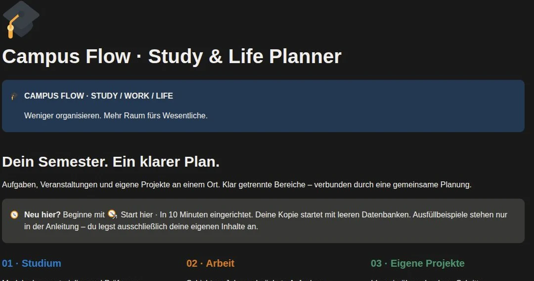 Originalansicht der Campus-Flow-Startseite mit Einführung und Bereichen für Studium, Arbeit und Projekte
