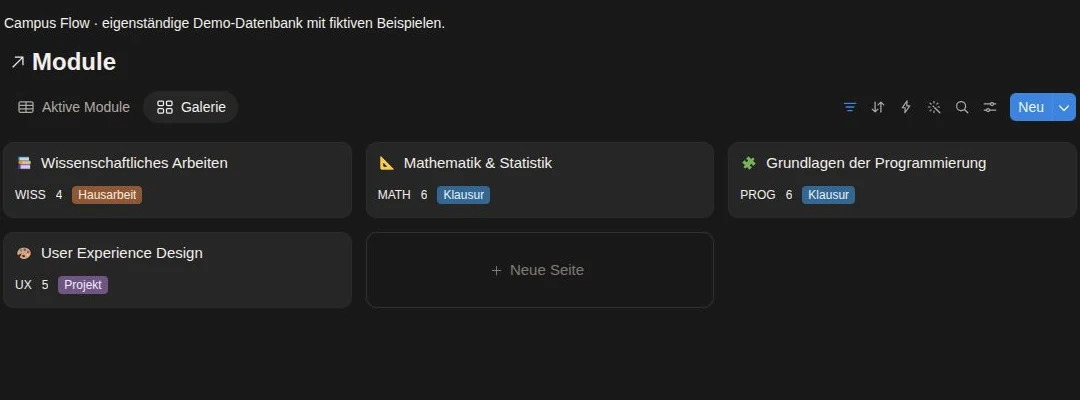 Modulgalerie der Demo mit wissenschaftlichem Arbeiten, Mathematik, Programmierung und UX Design