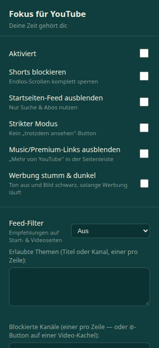 Einstellungen von Fokus für YouTube mit Feed-Filtern und Schaltern für Shorts