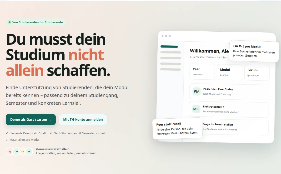 Startseite von PeerLearn TH mit Vorschau der Lernplattform